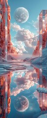 Illustrate a side view scene where the concept of mirror worlds is brought to life with a touch of surrealism Incorporate elements that hint at the possibility of alternate dimensions, creating a sens