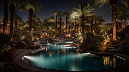 Fototapeta na wymiar A magical oasis in the desert with palm trees