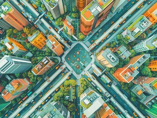 Welcome to a captivating birds-eye view illustration showcasing the concept of shared spaces and connectivity, emphasizing dynamic interactions and possibilities