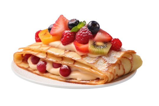 White Plate With Crepes and Fruit. On a White or Clear Surface PNG Transparent Background.