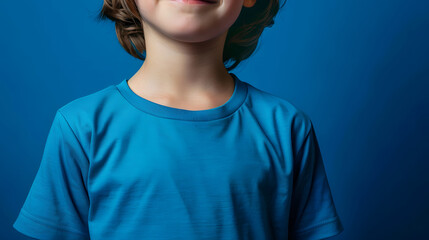 mockup featuring a young boy wearing a blue t-shirt, set against a stylish blue background, exuding a sense of youthful energy and contemporary style, no face