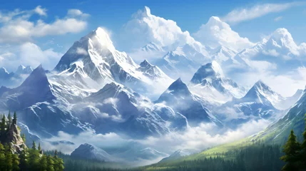  A majestic mountain range with snowcapped peaks. © franklin