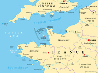 Northern France, political map. Coastline of France and United Kingdom along the English Channel, and along Bay of Biscay, with the Channel Islands. Coasts of Hauts-de-France, Normandy and Brittany.