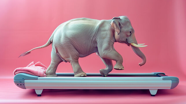 A baby elephant is walking on a treadmill. The elephant is wearing a pink towel. The image is playful and whimsical. n elephant is running on a treadmill, with a pink background