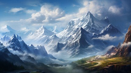 A majestic mountain range with snowcapped peaks. - Powered by Adobe