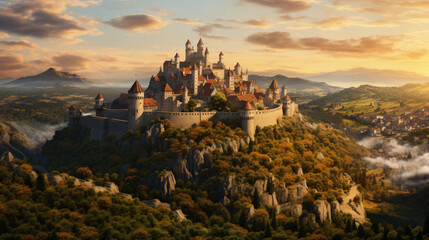 A medieval castle on a hill overlooking a village. - Powered by Adobe