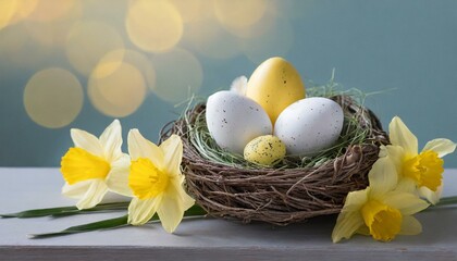 Easter Delight: Bird Nest Basket and Daffodils in Greeting Card
