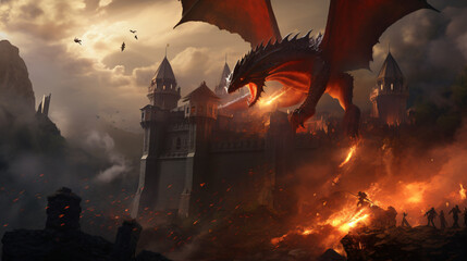 A medieval castle under siege by a dragon. - obrazy, fototapety, plakaty