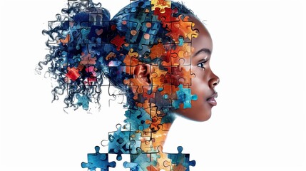ADHD, attention deficit hyperactivity disorder, autism. Head of a black skin child with puzzle pieces. World autism awareness day concept. - obrazy, fototapety, plakaty