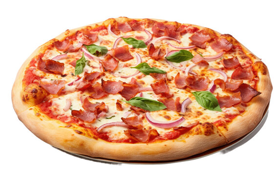 Delicious Pizza With Pepperoni, Ham, and Onions. On a White or Clear Surface PNG Transparent Background.