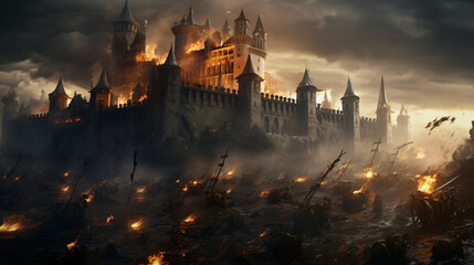 A medieval castle under siege by an army of knights. - obrazy, fototapety, plakaty