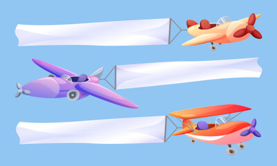 Cartoon sky plane banner with ribbon for message in air. Vintage biplane fly vector. Advertising with old airplane flight design. Aeroplane with propeller flying with billboard on blue background © klyaksun