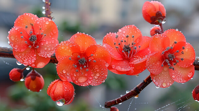 Red flowers of Chaenomeles japonica with water drops. AI.