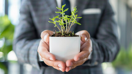 A business man is holding a small plant in a white pot on a blurred background. AI.