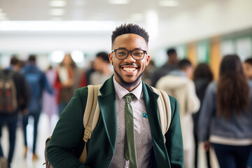 Smiling Young College Student with Backpack Standing in a Busy Campus Hallway, Representing Education Goals and Student Diversity