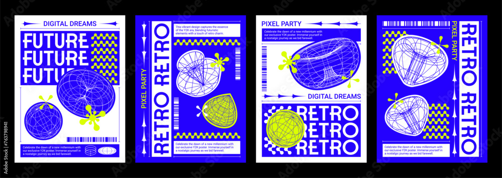 Poster poster and cover design layout in y2k style with grid abstract simple techno shapes. vector set of r