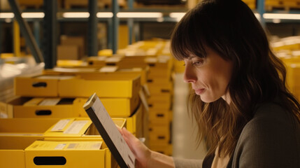 A woman carefully inspects a box in a warehouse, surrounded by shelves filled with parcels and goods