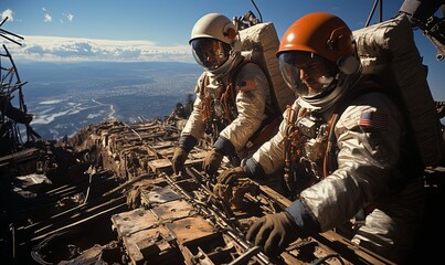 Two Men in Spacesuits on Wooden Structure