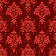 seamless red damask pattern with floral botanical motives. Abstract minimalist background. Geometric art deco texture.