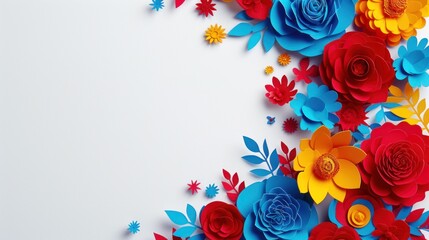Colorful paper flowers arranged neatly on a clean white background, creating a lively and cheerful display - obrazy, fototapety, plakaty