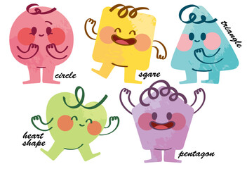 Variety of colorful geometric shapes with facial expression. Abstract hand draw style shapes smile, laugh, happy face. Set of cartoon circle, triangle, square, pentagon, heart shape character emotion.