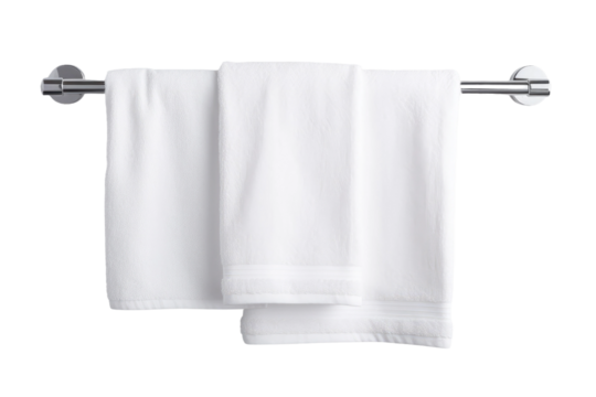 A Pair of White Towels Hanging on a Towel Rack. On a White or Clear Surface PNG Transparent Background.