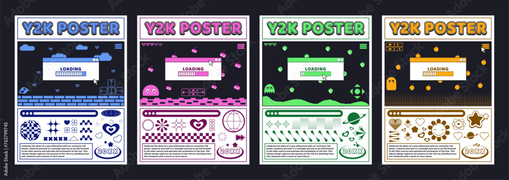 Poster y2k retro style poster design template with old computer video game and loading dialogue window. vec