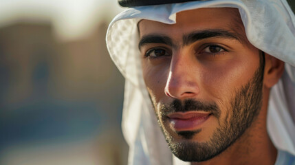 Portrait of Arabic man wearing traditional white Shemagh gown with black agal