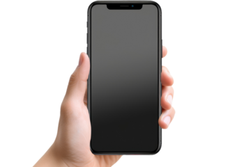 Person Holding Black Cell Phone. On a White or Clear Surface PNG Transparent Background.