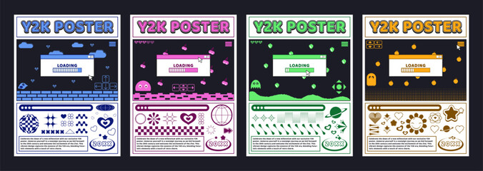 Y2k retro style poster design template with old computer video game and loading dialogue window. Vector set of vintage nostalgia banner layout with 2000s aesthetic gui elements and typography.