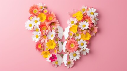 Heart shape formed by fresh, colorful flowers on a pink backdrop