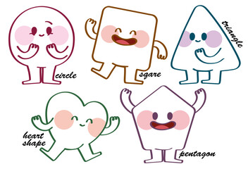 Fototapeta premium Variety of colorful geometric shapes with facial expression. Abstract hand draw style shapes smile, laugh, happy face. Set of cartoon circle, triangle, square, pentagon, heart shape character emotion.