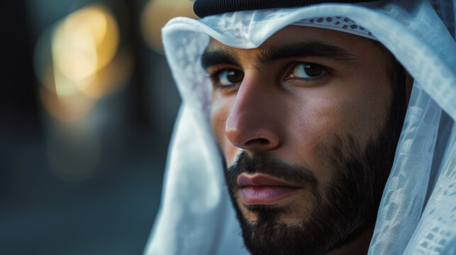 Portrait of Arabic man wearing traditional white Shemagh gown with black agal