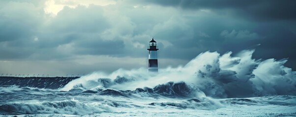 A lone lighthouse stands resolute against towering waves during a tempestuous sea storm under tumultuous skies. - obrazy, fototapety, plakaty