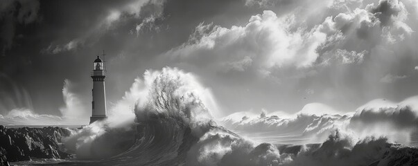 A monochromatic seascape captures a lighthouse enduring the relentless power of a storm, as waves crash and winds howl. - obrazy, fototapety, plakaty