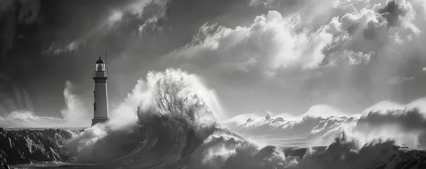 Foto op Aluminium A monochromatic seascape captures a lighthouse enduring the relentless power of a storm, as waves crash and winds howl. © TPS Studio