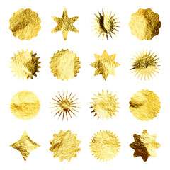 Naklejka premium Golden stars, sunburst symbols. Shiny gold foil. Vintage sunbeam symbols. Shopping labels, sale sticker, quality mark. Modern art. Wedding, greeting card decoration elements. Vector illustration