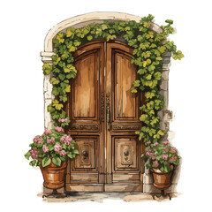 Fototapeta na wymiar Antique Wooden Front Door with Flowers clipart