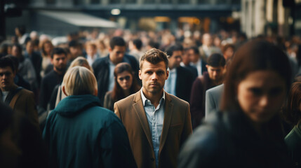 Focused Businessman Standing Out in a Crowded Urban Street, Representing Leadership, Individuality, and the Concept of Against the Current in a Busy Society - obrazy, fototapety, plakaty