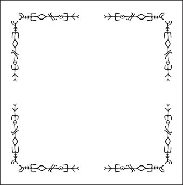 Elegant black and white ornamental frame with Viking runes, decorative border, corners for greeting cards, banners, business cards, invitations, menus. Isolated vector illustration.	
