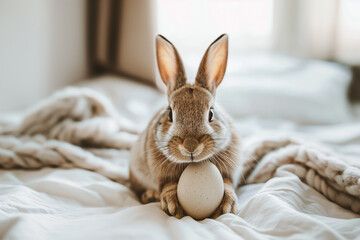 Cute brown bunny on the bed, with an egg. Spring Easter  theme. Generative Ai  - 763800506