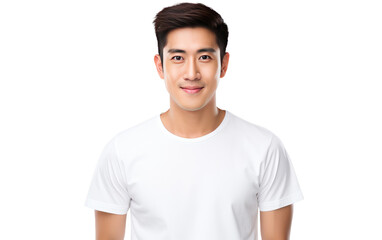 Obraz premium Man in White T-Shirt Posing for Picture. On a White or Clear Surface PNG Transparent Background.