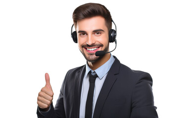 Man Wearing Headset Giving Thumbs Up. On a White or Clear Surface PNG Transparent Background.