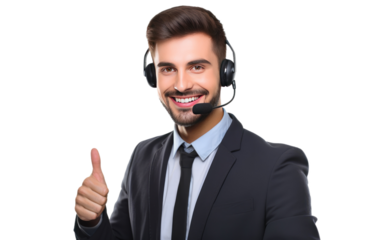 Man Wearing Headset Giving Thumbs Up. On a White or Clear Surface PNG Transparent Background.