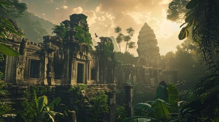 Sunlight breaks through the jungle, illuminating the mysterious ruins of an ancient temple,...