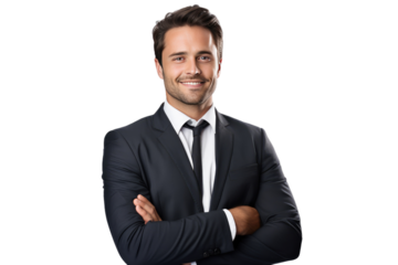 Businessman in Suit and Tie Posing. On a White or Clear Surface PNG Transparent Background.