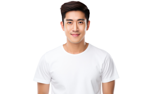 Man in White T-Shirt Posing for Picture. On a White or Clear Surface PNG Transparent Background.