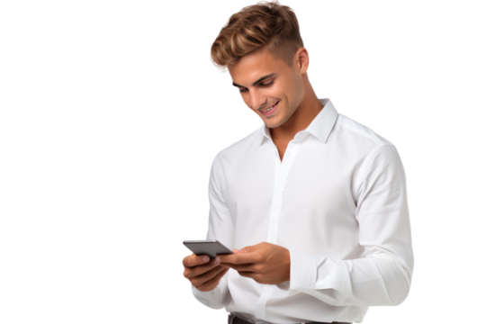 Man in White Shirt Looking at Cell Phone. On a White or Clear Surface PNG Transparent Background.