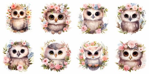 set of cute owl with flowers illustration, generated ai - obrazy, fototapety, plakaty