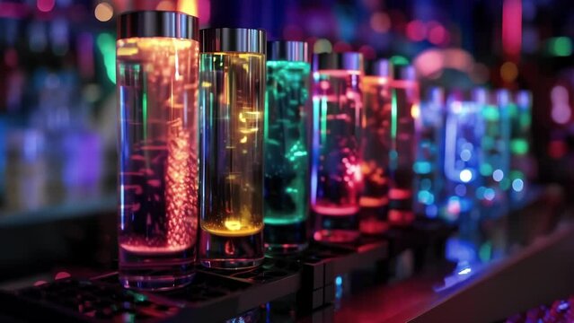 A unique beverage stand serving colorful and creative mocktails inspired by different chiptune video games. Each drink is adorned with flashing LED lights and served in a